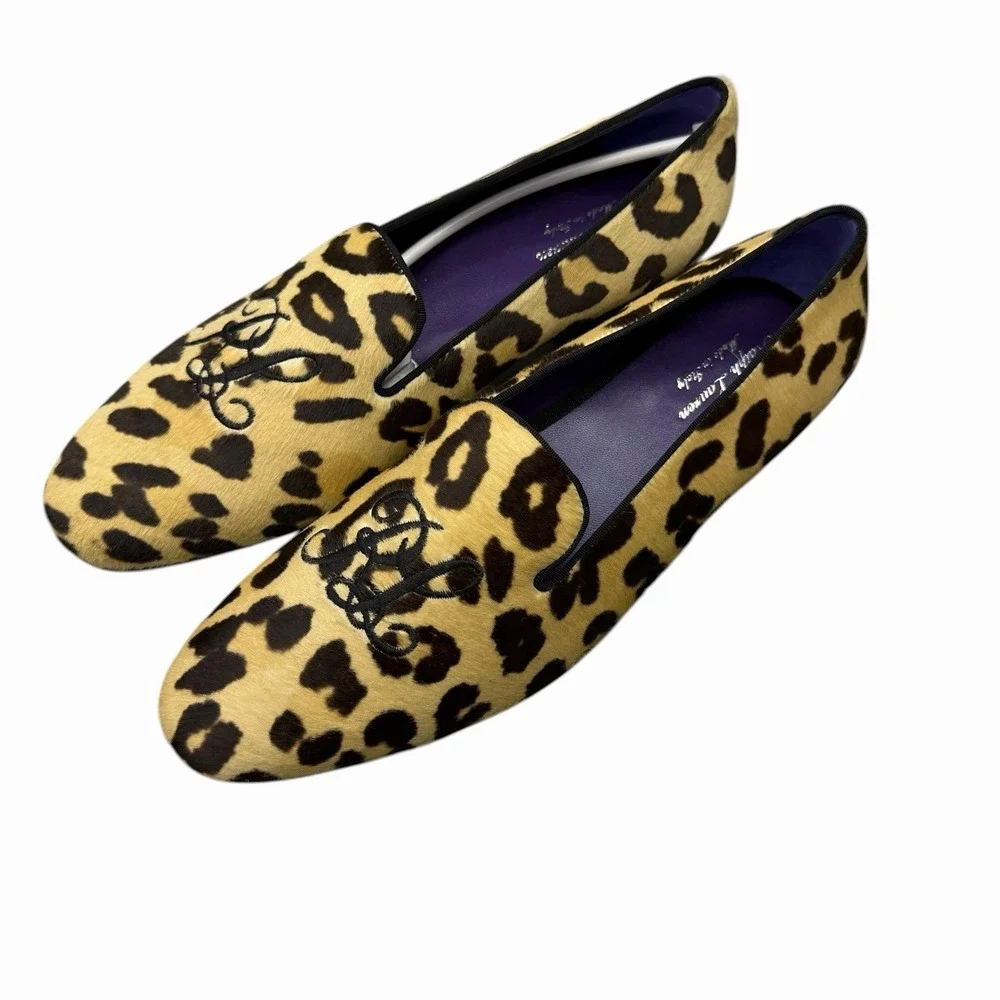 Ralph Lauren Purple Label NEW 11.5 D Calf Hair RL Script Alonzo Leopard Slippers